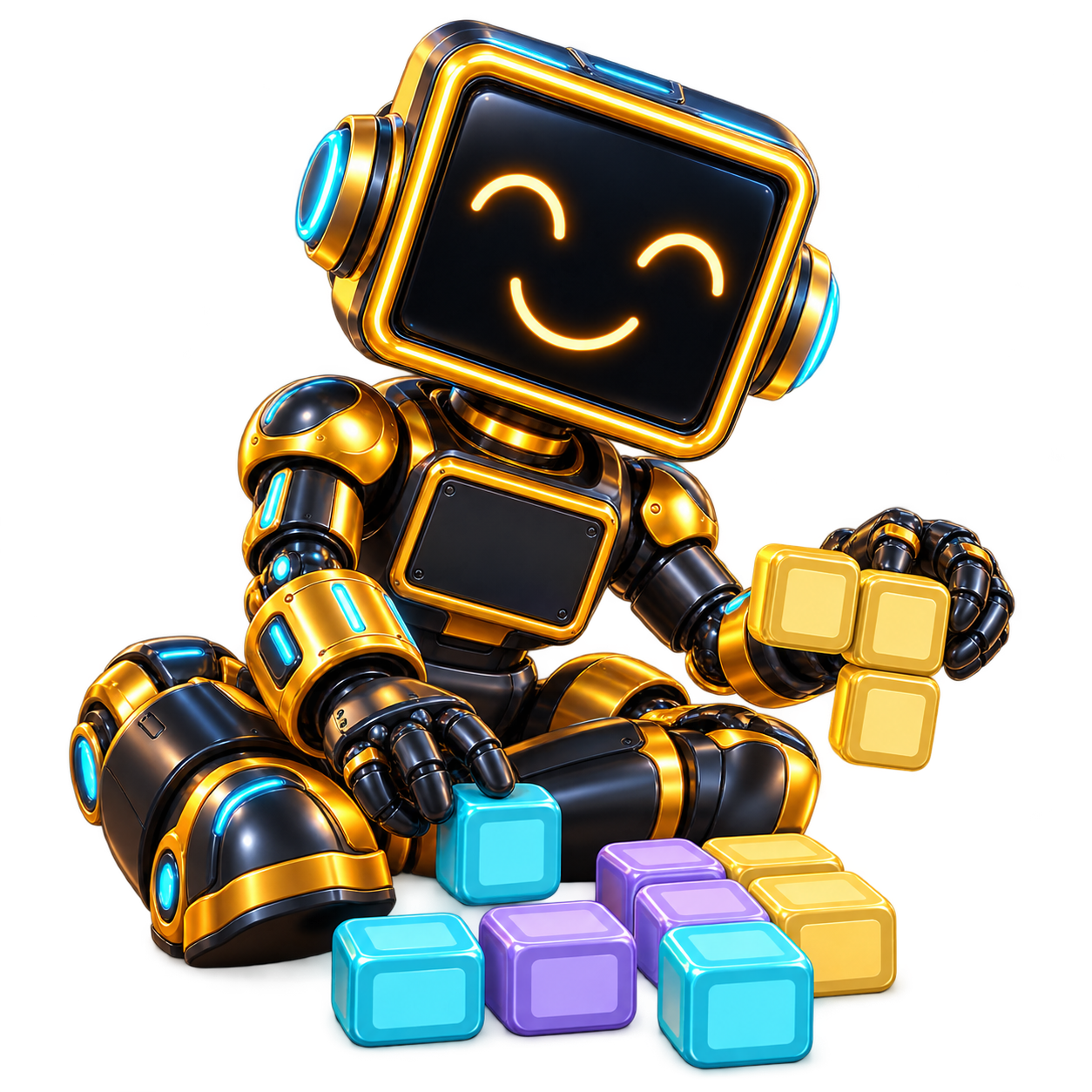Mr.Block, el robot negro y dorado de rostro digital, jugando solo con bloques biselados cian, lavanda y dorados