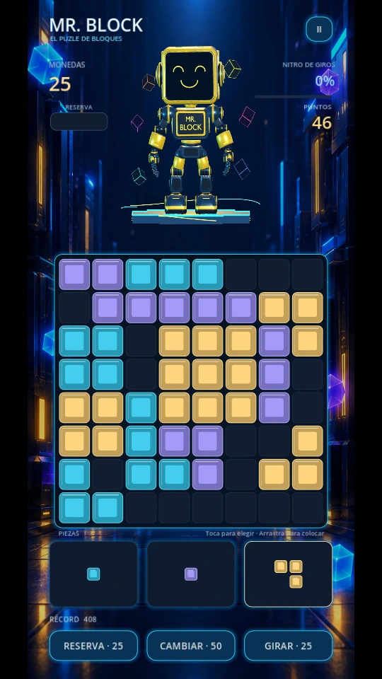 Mr. Block screenshot: 8 by 8 board with cyan, lavender and gold blocks, three pieces to choose from, points and best score