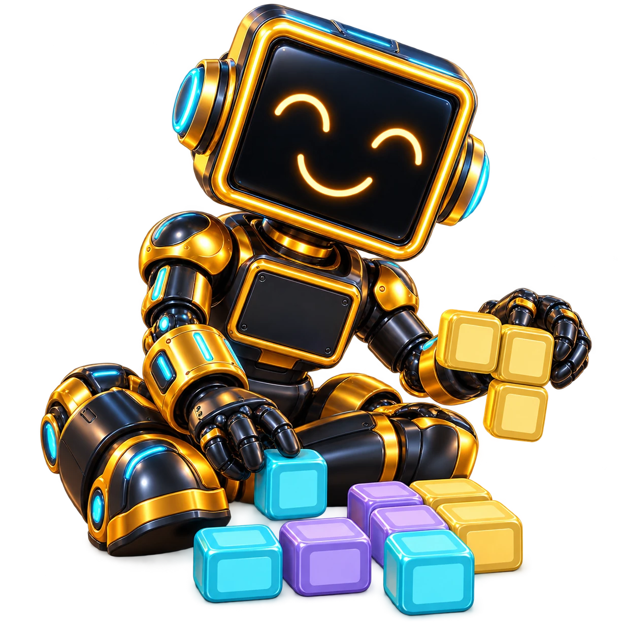 Mr. Block, the +SYSTEN STUDIOS mascot, sitting with colorful blocks